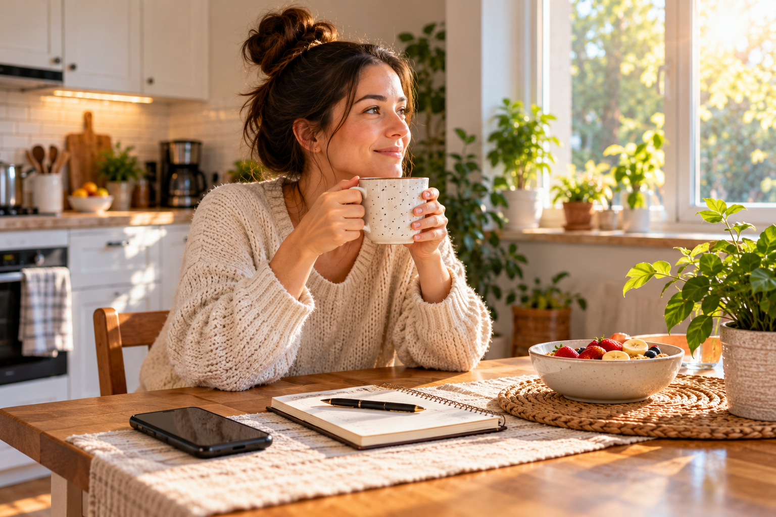 calm morning routine at home with phone set aside
