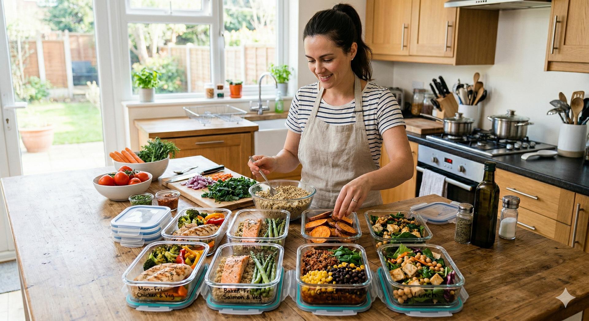 meal planning and preparing food for the week in a home kitchen