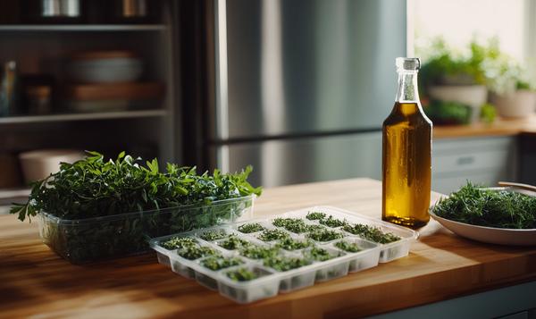 fresh herbs stored in water and frozen herbs in olive oil