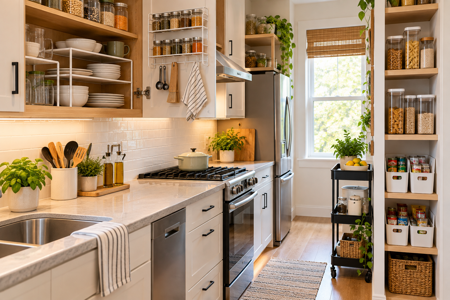 small kitchen with practical storage and organized cabinets