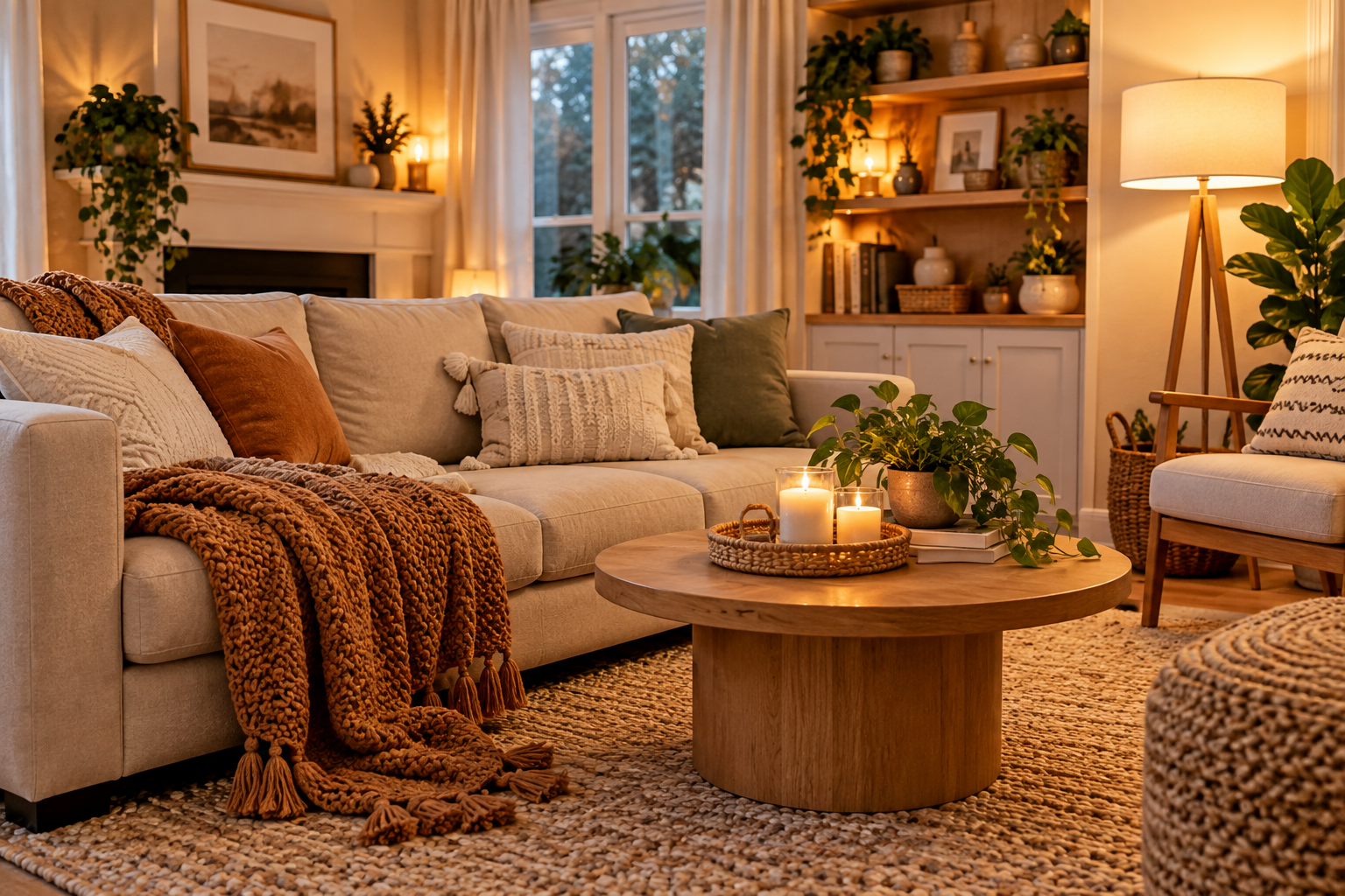 cozy living room with warm lighting soft textiles and natural wood