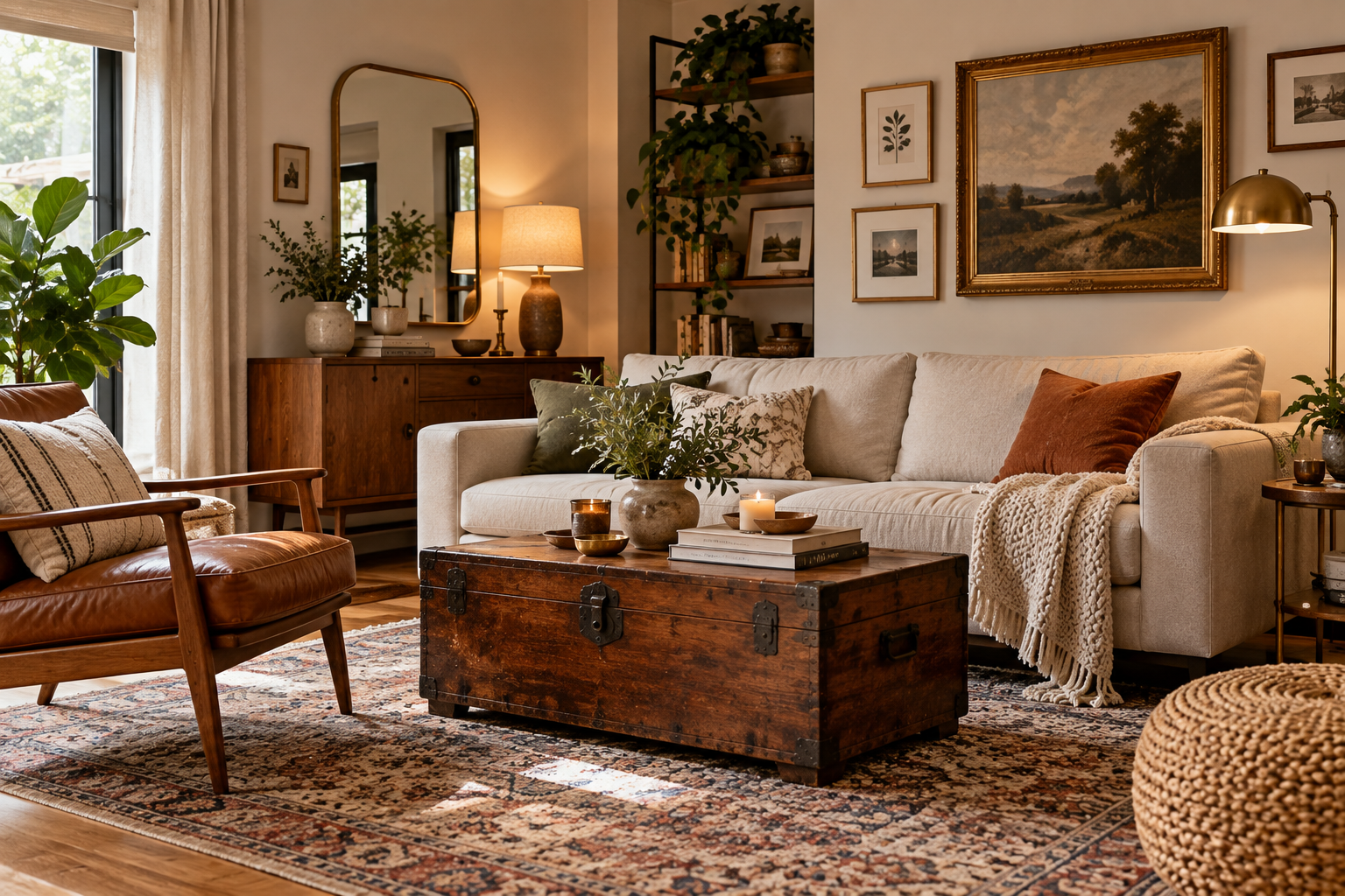 modern and vintage living room with leather chair wooden trunk and neutral sofa