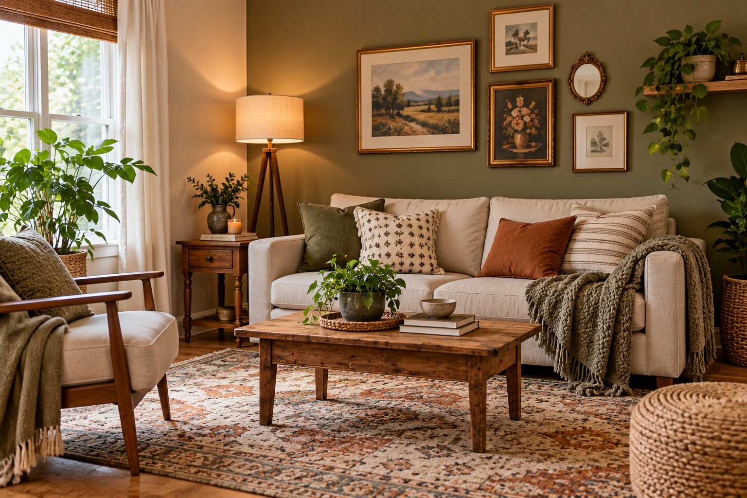 budget friendly living room decor with affordable furniture plants and warm lighting