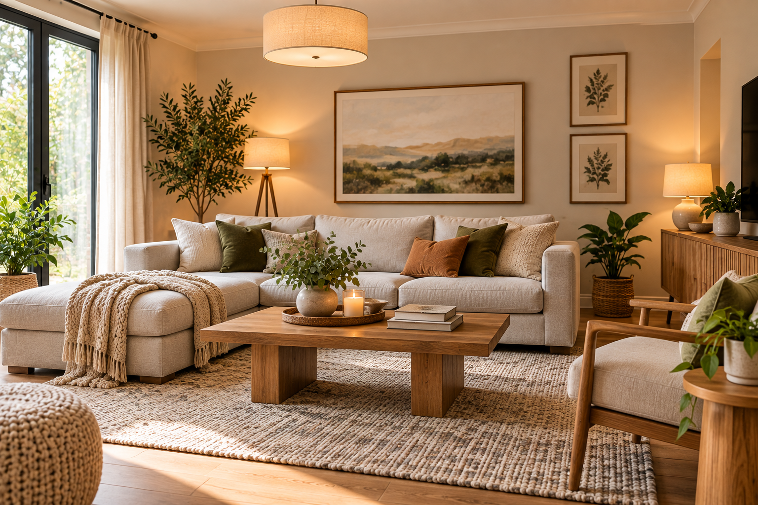 modern living room with neutral colors natural wood layered textures and plants
