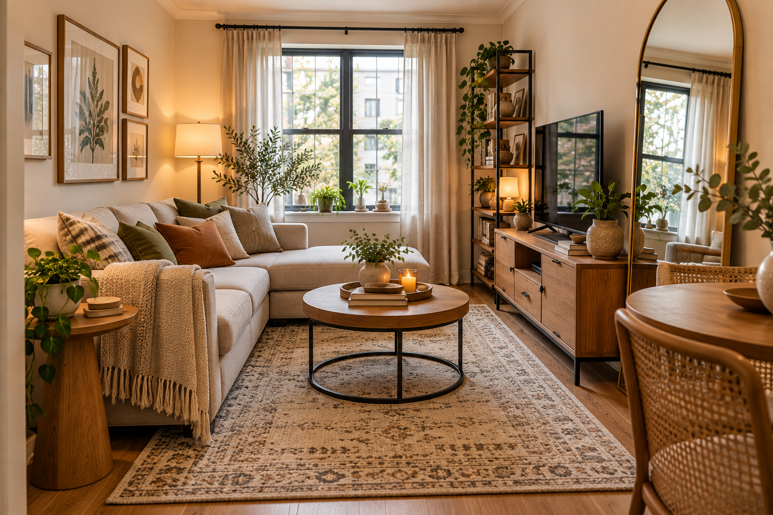 small living room with neutral sofa rug natural wood furniture and layered lighting