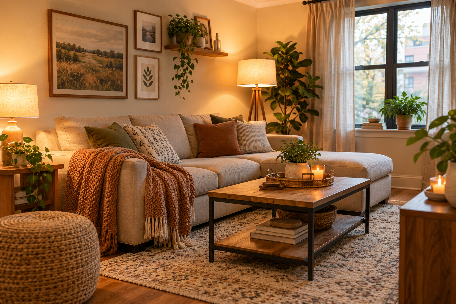 cozy living room with warm lighting neutral sofa textured rug and natural wood furniture