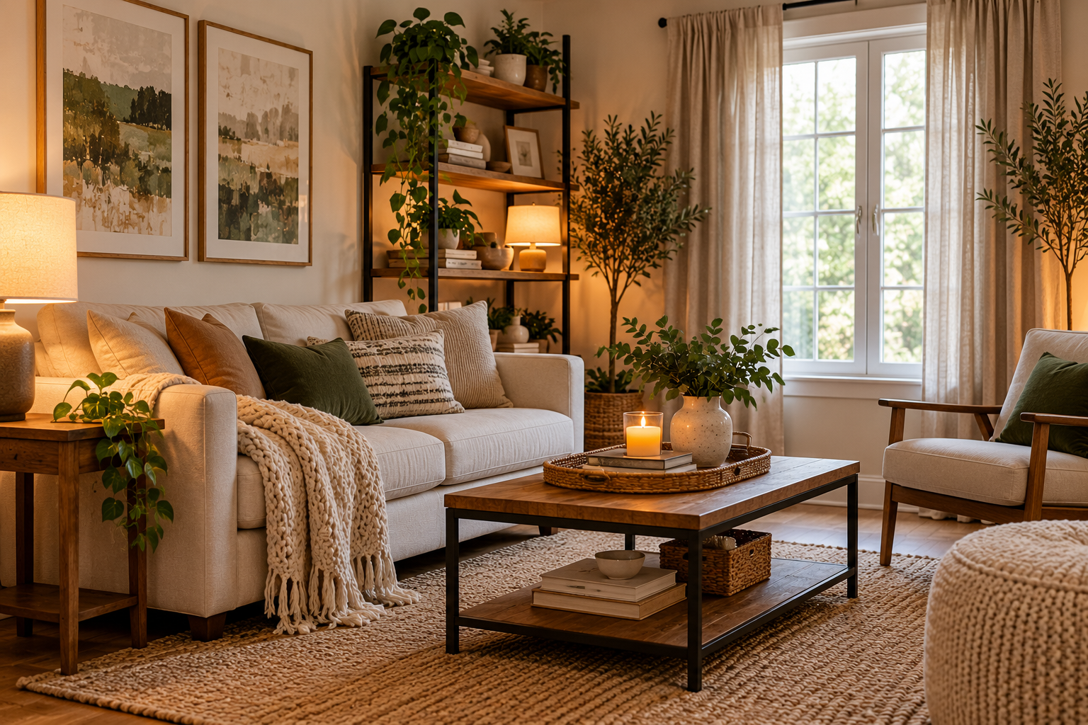 elegant living room with layered lighting neutral furniture plants and textured decor