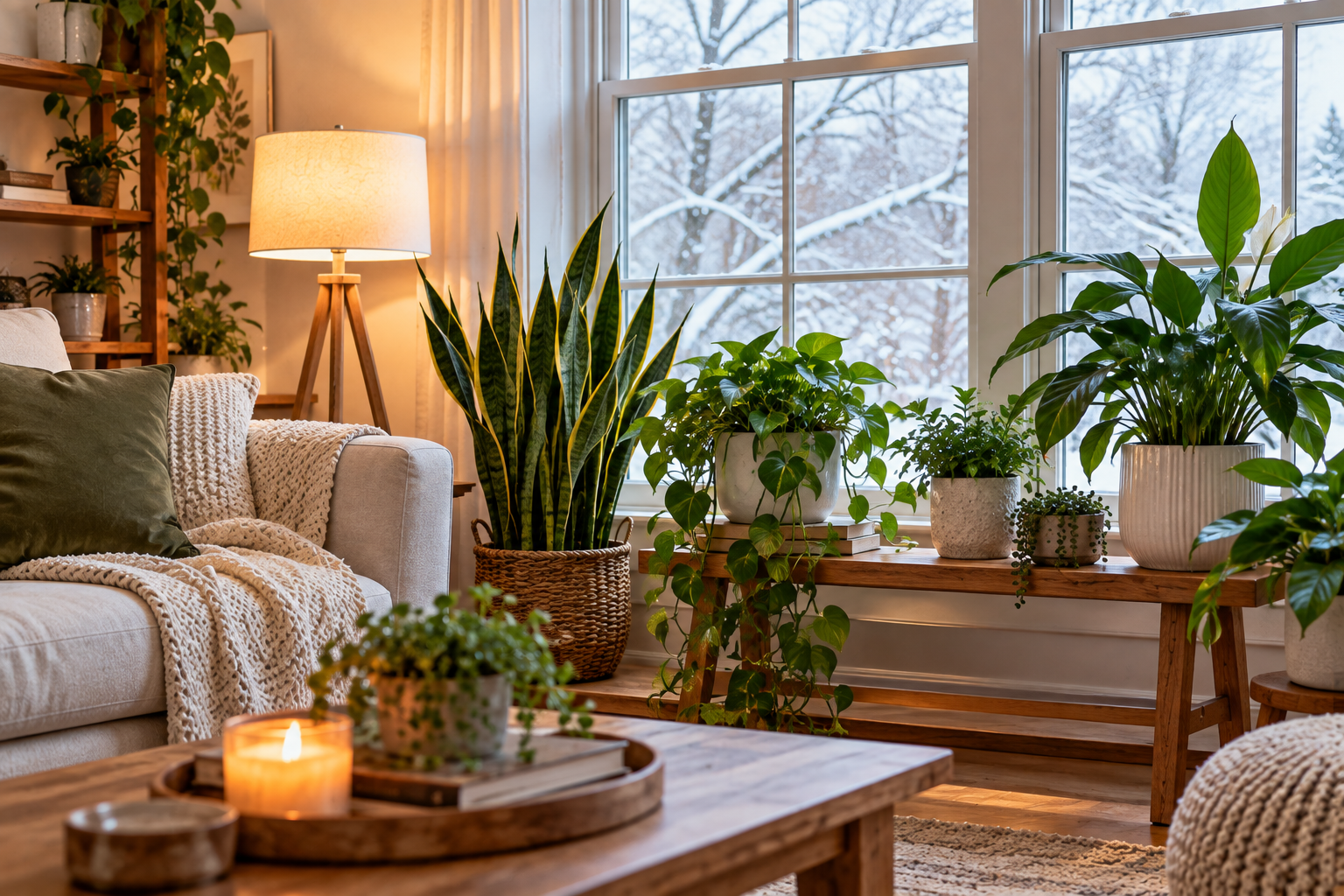 healthy indoor houseplants in a bright home during winter