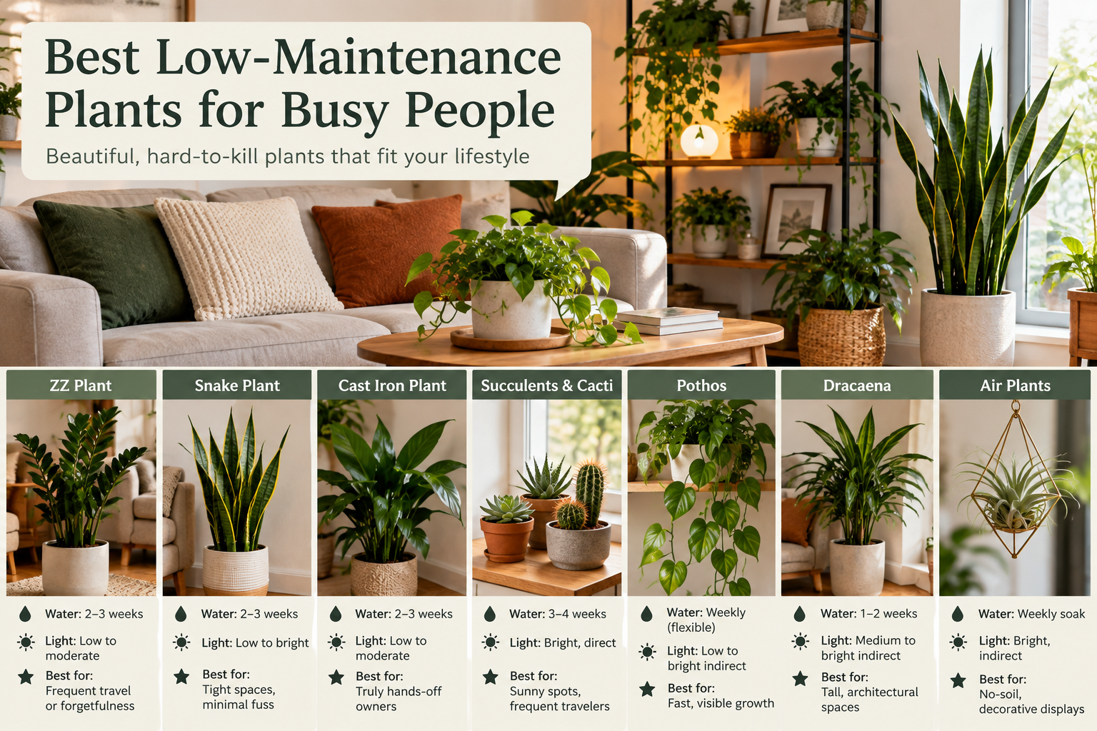 low-maintenance houseplants arranged on shelves and beside a sunny window