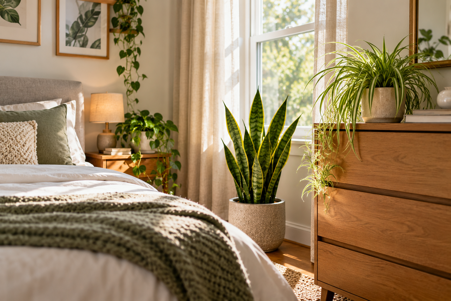 bedroom with snake plant spider plant and trailing greenery near a sunny window
