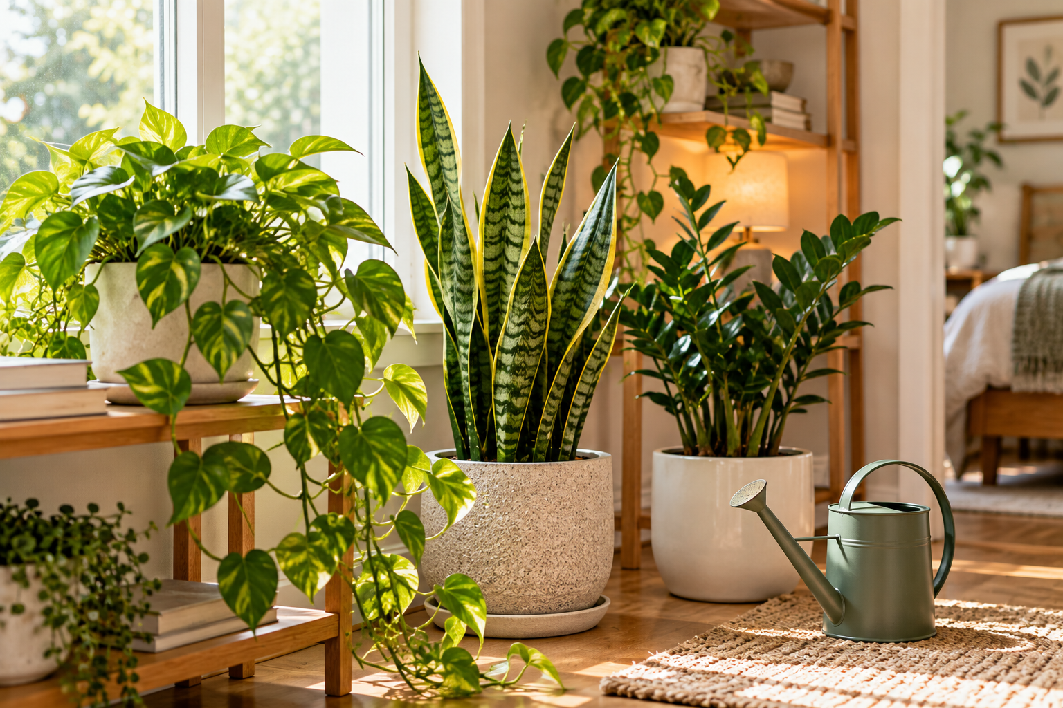 beginner indoor plant care with pothos snake plant and ZZ plant in a bright home