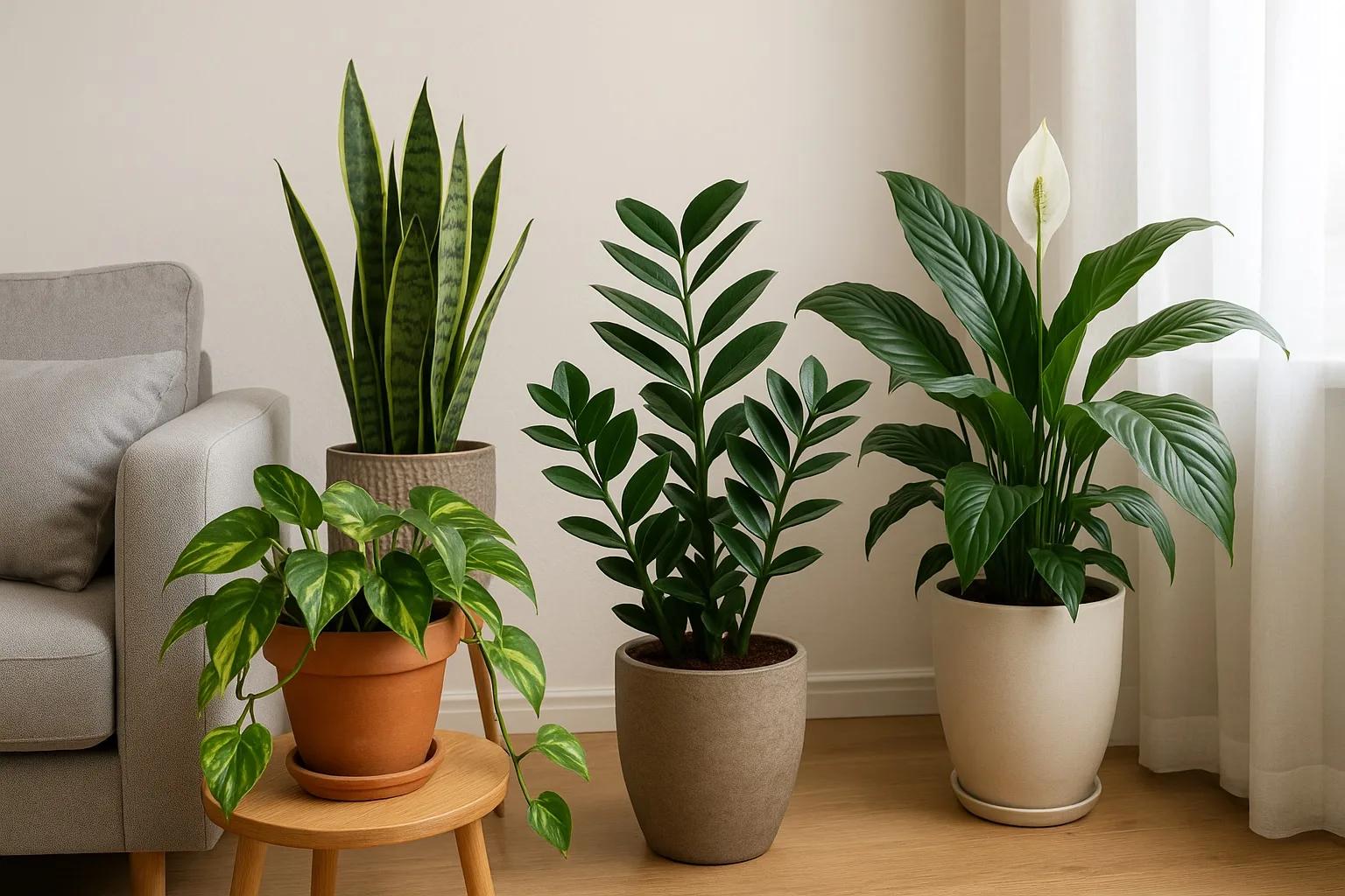 low light indoor plants including peace lily pothos and snake plant