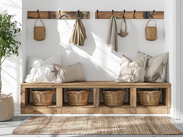 DIY entryway organization with wall hooks baskets and storage bench