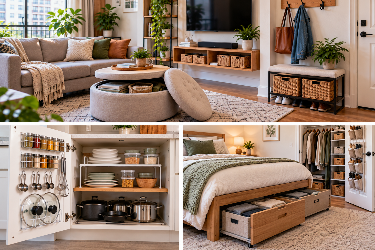 small apartment with practical space saving organization and multifunctional furniture