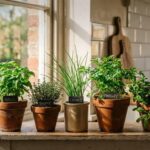 small herb garden on a sunny kitchen windowsill with basil parsley chives and mint