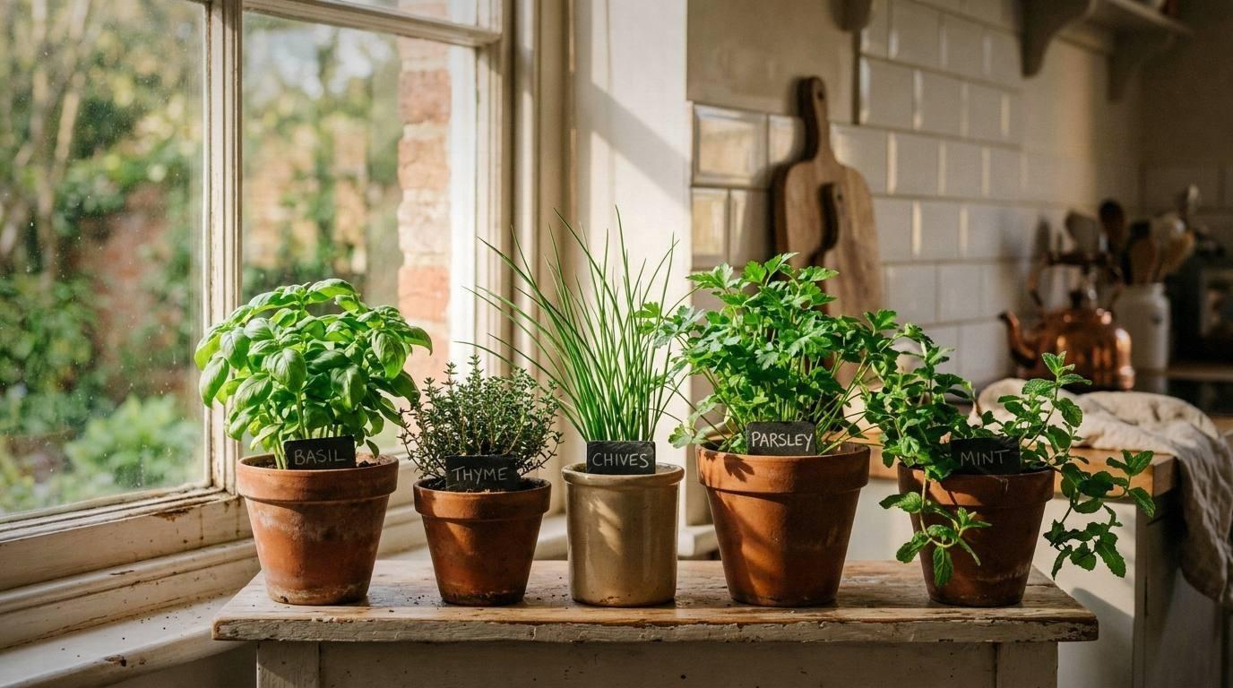 small herb garden on a sunny kitchen windowsill with basil parsley chives and mint